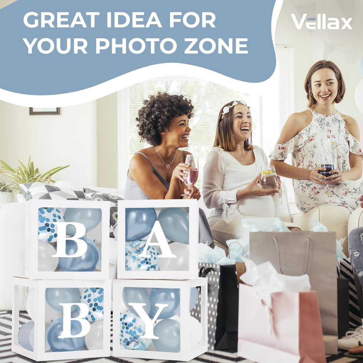 Baby Shower Boxes with Letters 44 Pcs White Boxes with White Dusty Blue Light Blue and Confetti Balloons Gender Reveal & Party Decoration Set by