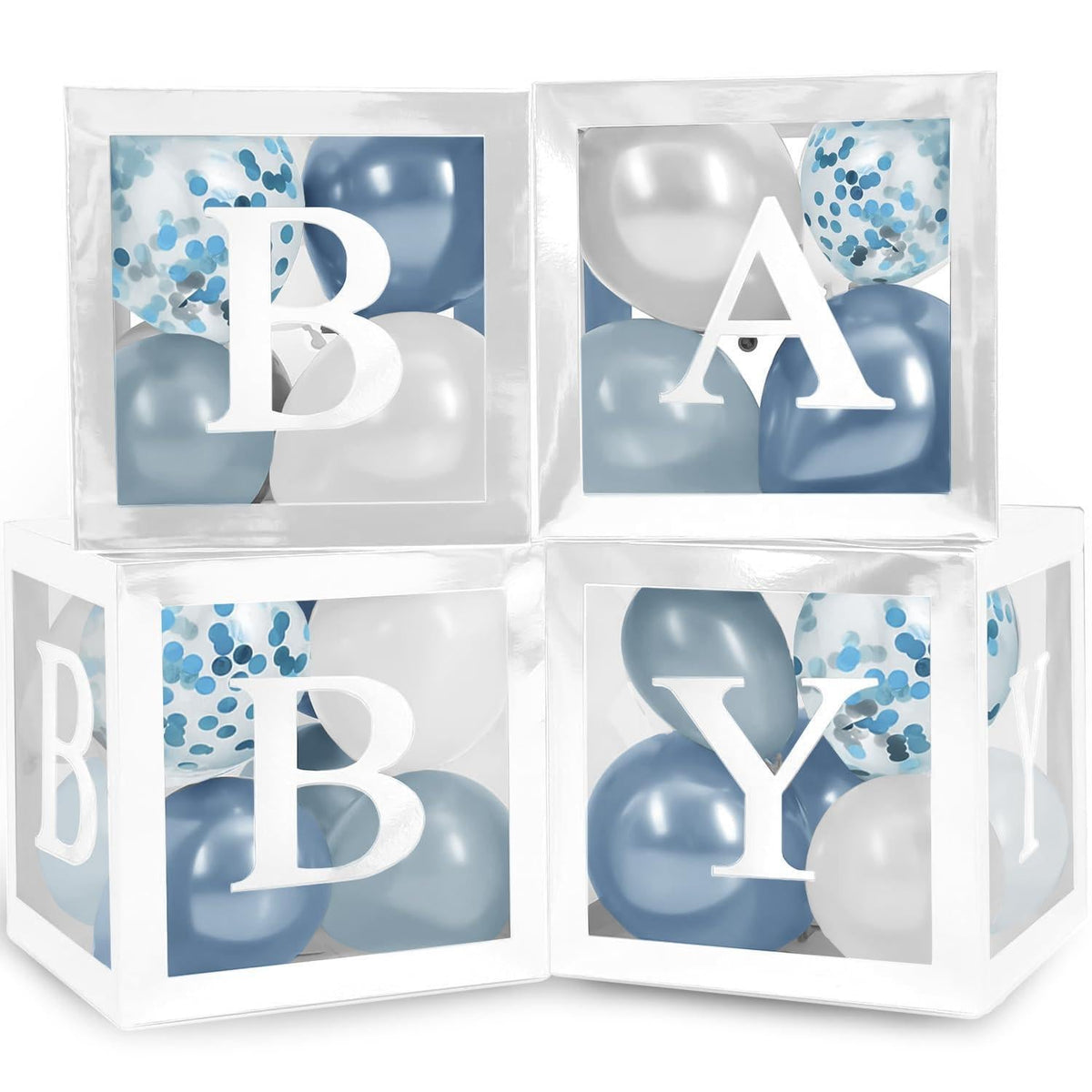 Baby Shower Boxes with Letters 44 Pcs White Boxes with White Dusty Blue Light Blue and Confetti Balloons Gender Reveal & Party Decoration Set by