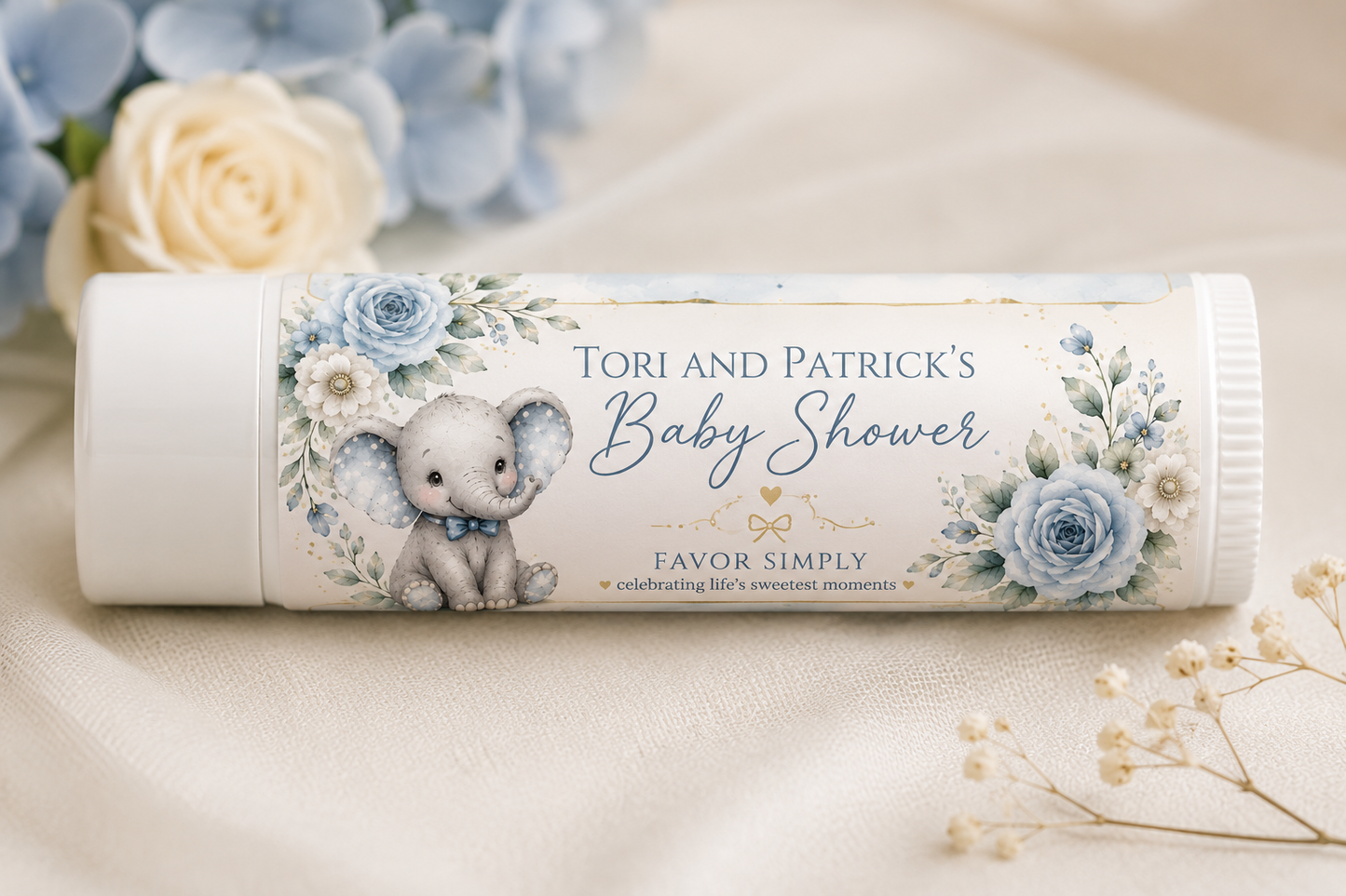 Blue Baby Elephant Baby Shower Lip Balm Favors Kit – 24 Lip Balm Party Favors with Personalized Labe