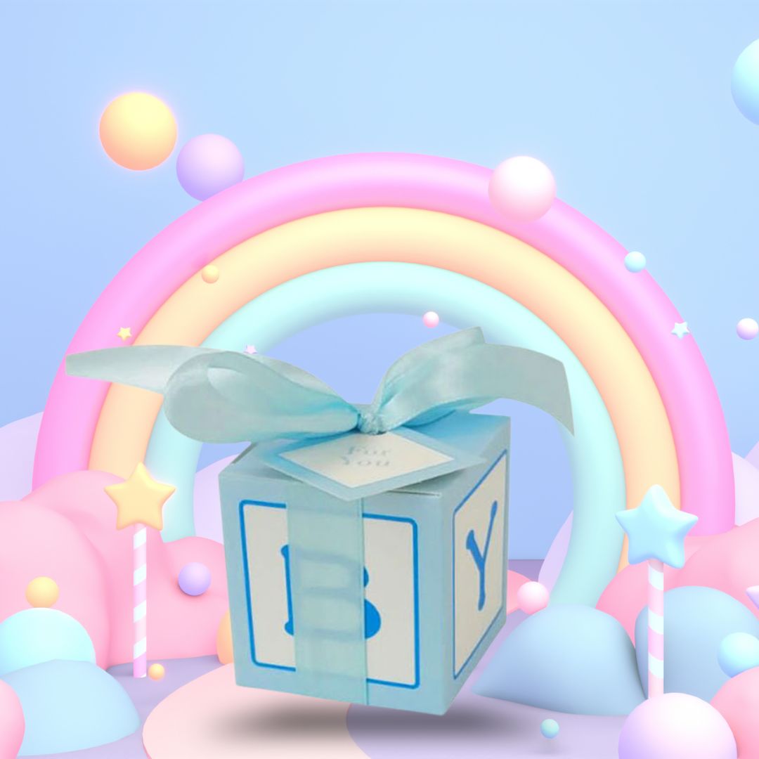 Pastel-colored 'baby' block with a bow against a colorful rainbow and cloud background