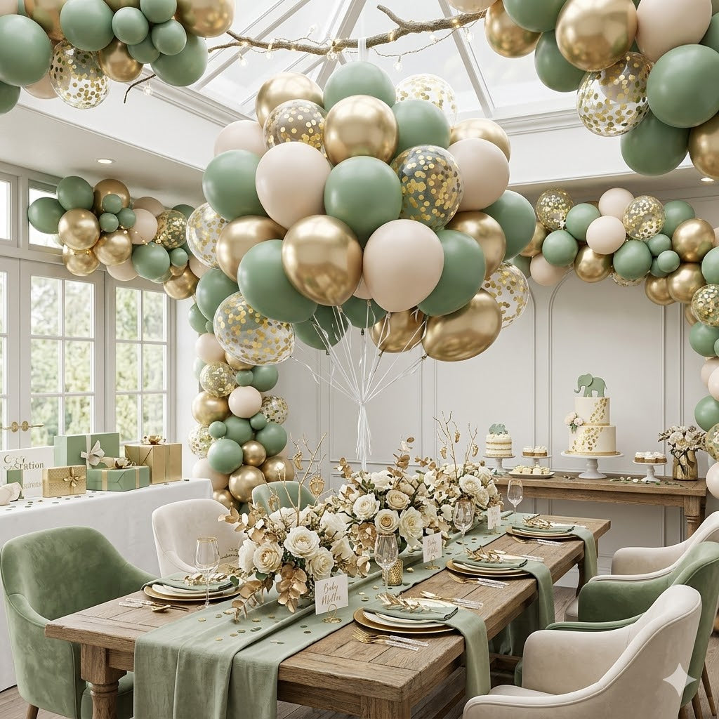Sage Green Gold and White Baby Shower Balloons - 44pc.