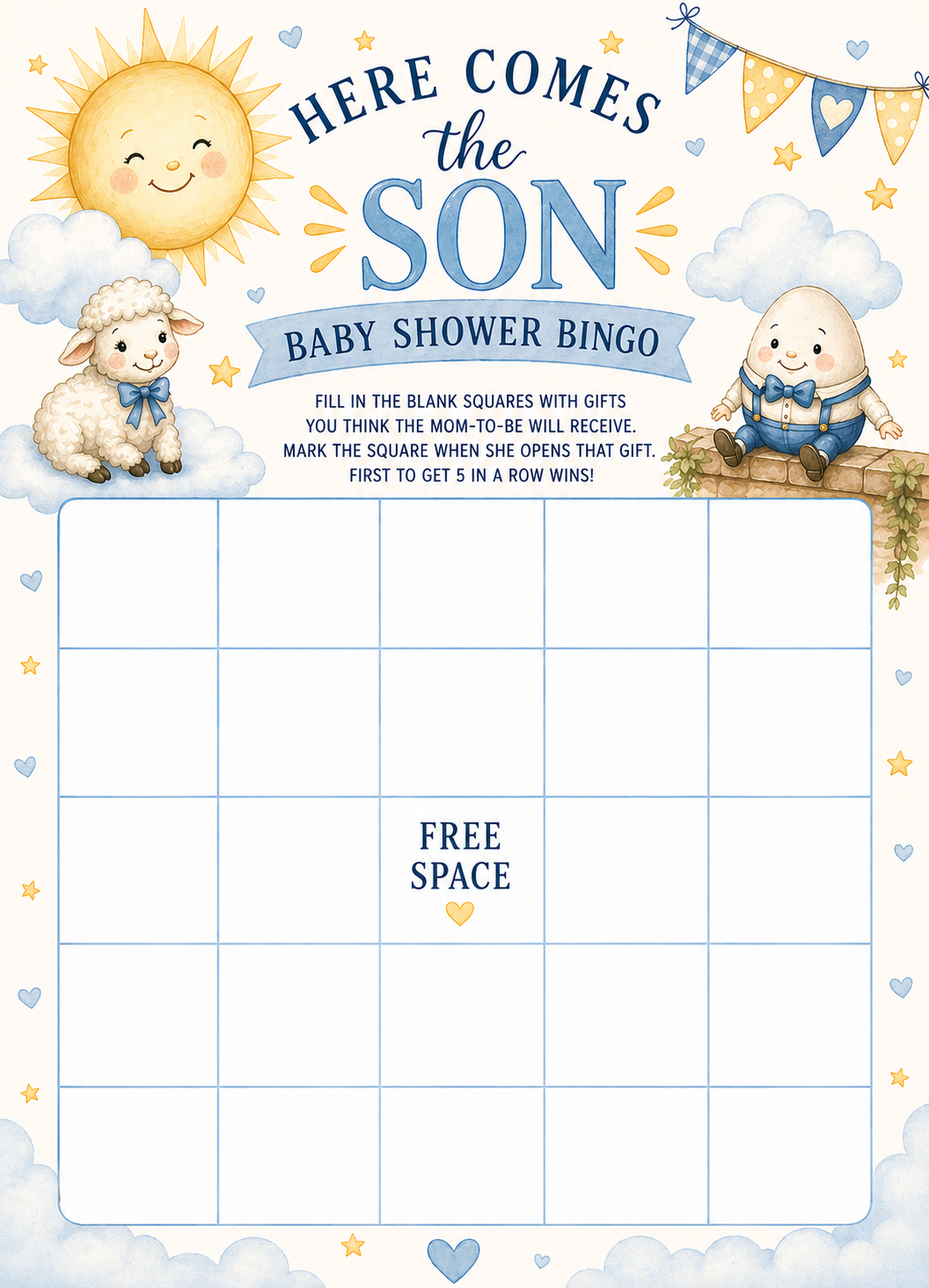 Here Comes the Son Baby Shower Bingo Game – Sunshine Baby Boy Bingo Cards, 5x7 Made in USA (Set of 10–50)