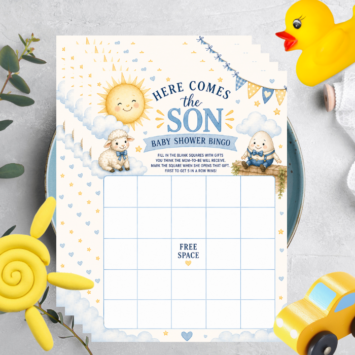 Here Comes the Son Baby Shower Bingo Game – Sunshine Baby Boy Bingo Cards, 5x7 Made in USA (Set of 10–50)