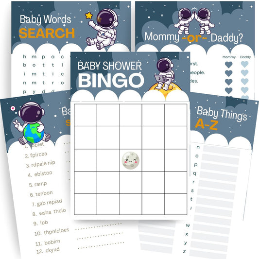 a set of five baby astronaut themed baby shower card games featuring a baby astronaut