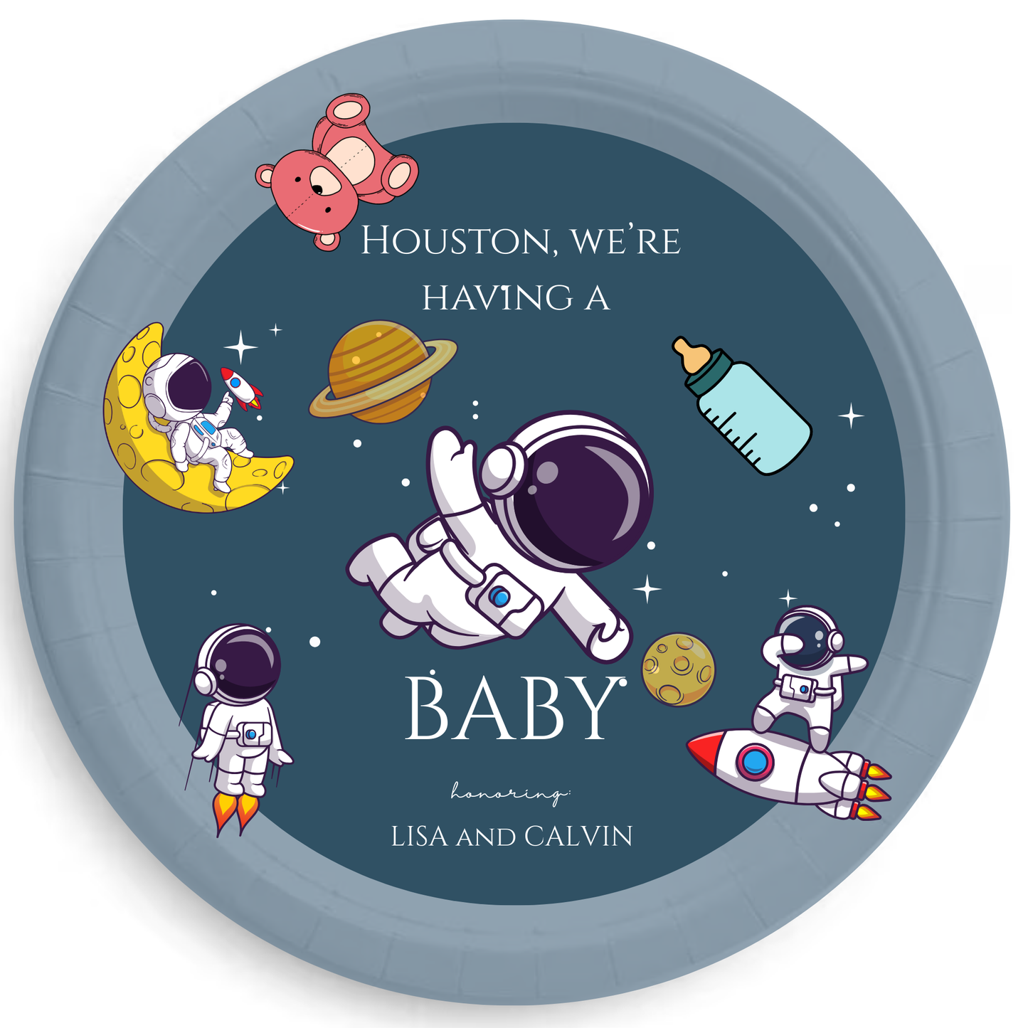 Houston We’re Having a Baby Personalized Baby Shower Plates – Astronaut Space Theme Party Plates, Outer Space Baby Shower Tableware, 7" or 9" Set of 8