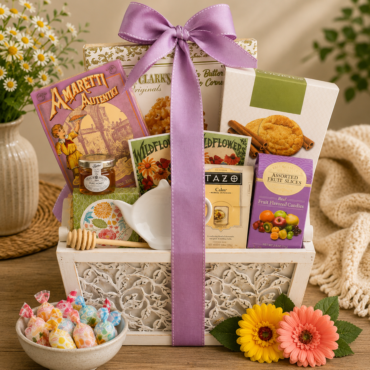 a scroll design Gift basket with snacks, tea, and flowers on a wooden table with a purple ribbon and flowers