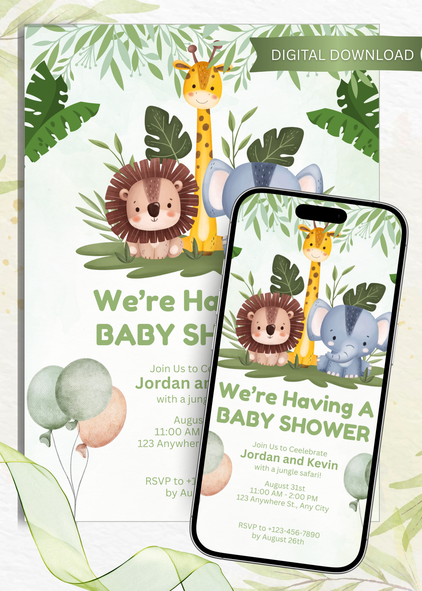 We're Having a Baby Shower - Jungle Baby Animals Invitation - Digital Download