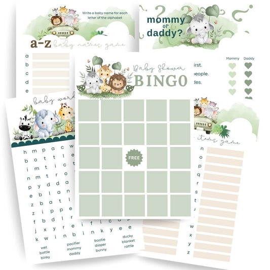 A set of baby shower game cards with jungle animal illustrations, including a central bingo board, a word search, a name writing sheet, and a 'mommy or daddy?' card, arranged on a white background with green accents.