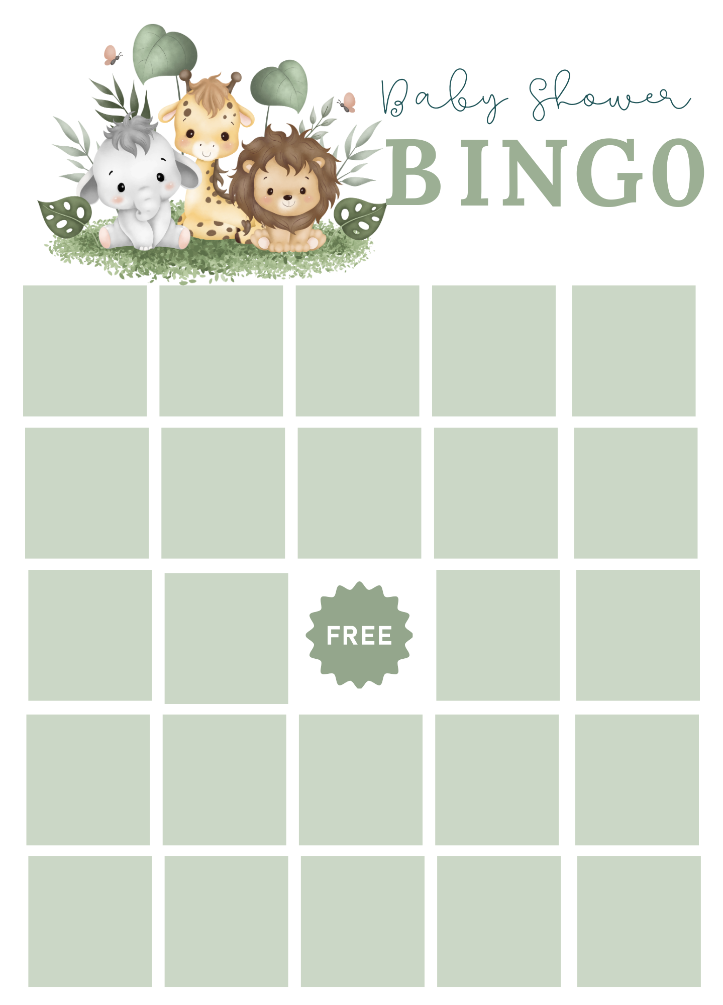 Safari Baby Shower Bingo - Jungle Safari Game