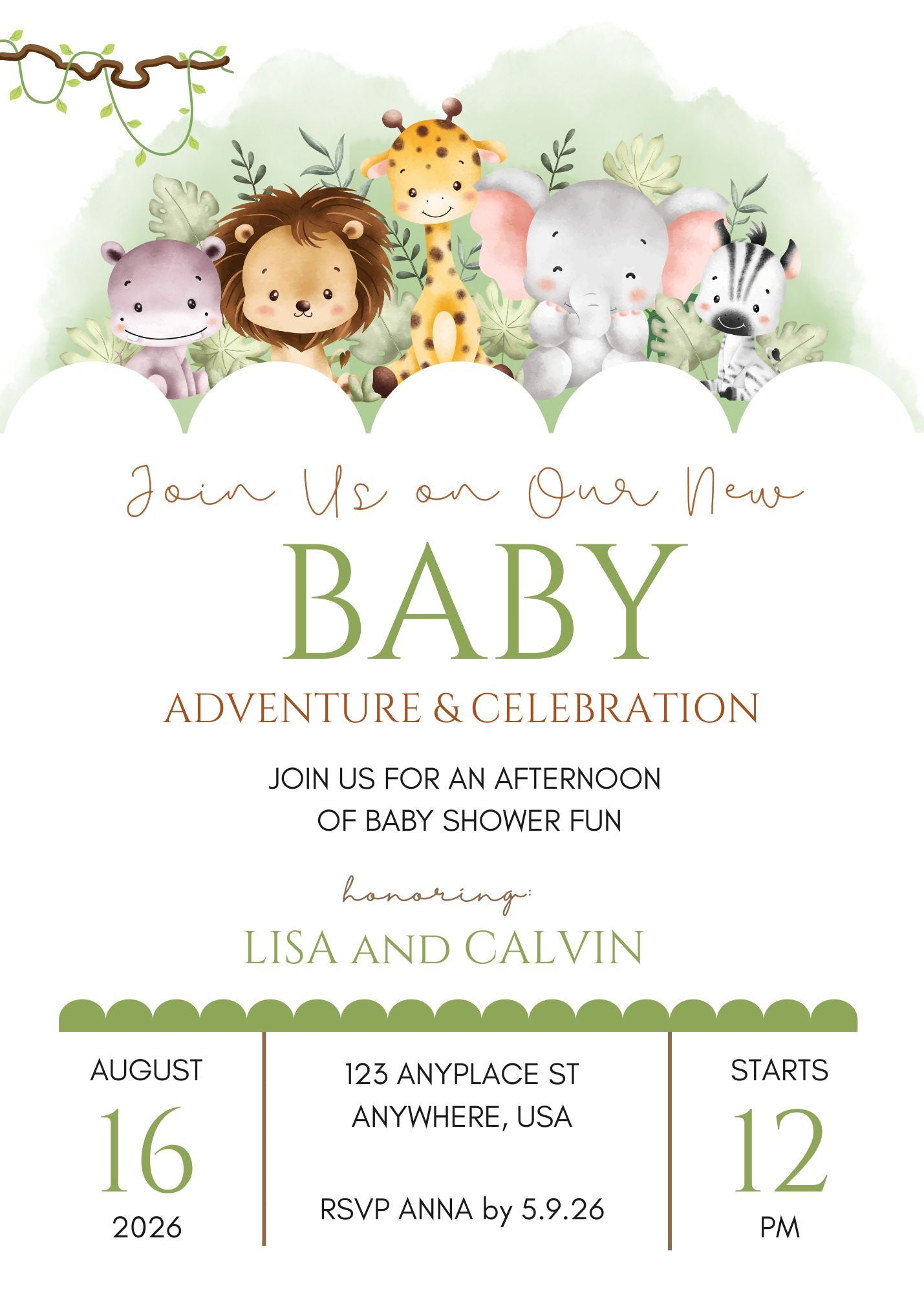Personalized Jungle Baby Shower Invitations – Baby Safari 5x7 Baby Shower Invitations Printed in USA