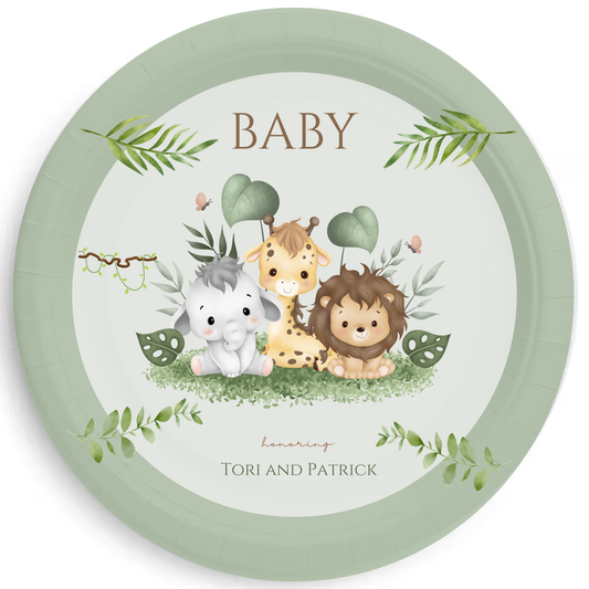 Jungle Safari Personalized Baby Shower Plates – Cute Baby Safari Animals Party Plates, Jungle Theme Baby Shower Tableware, 7" or 9"