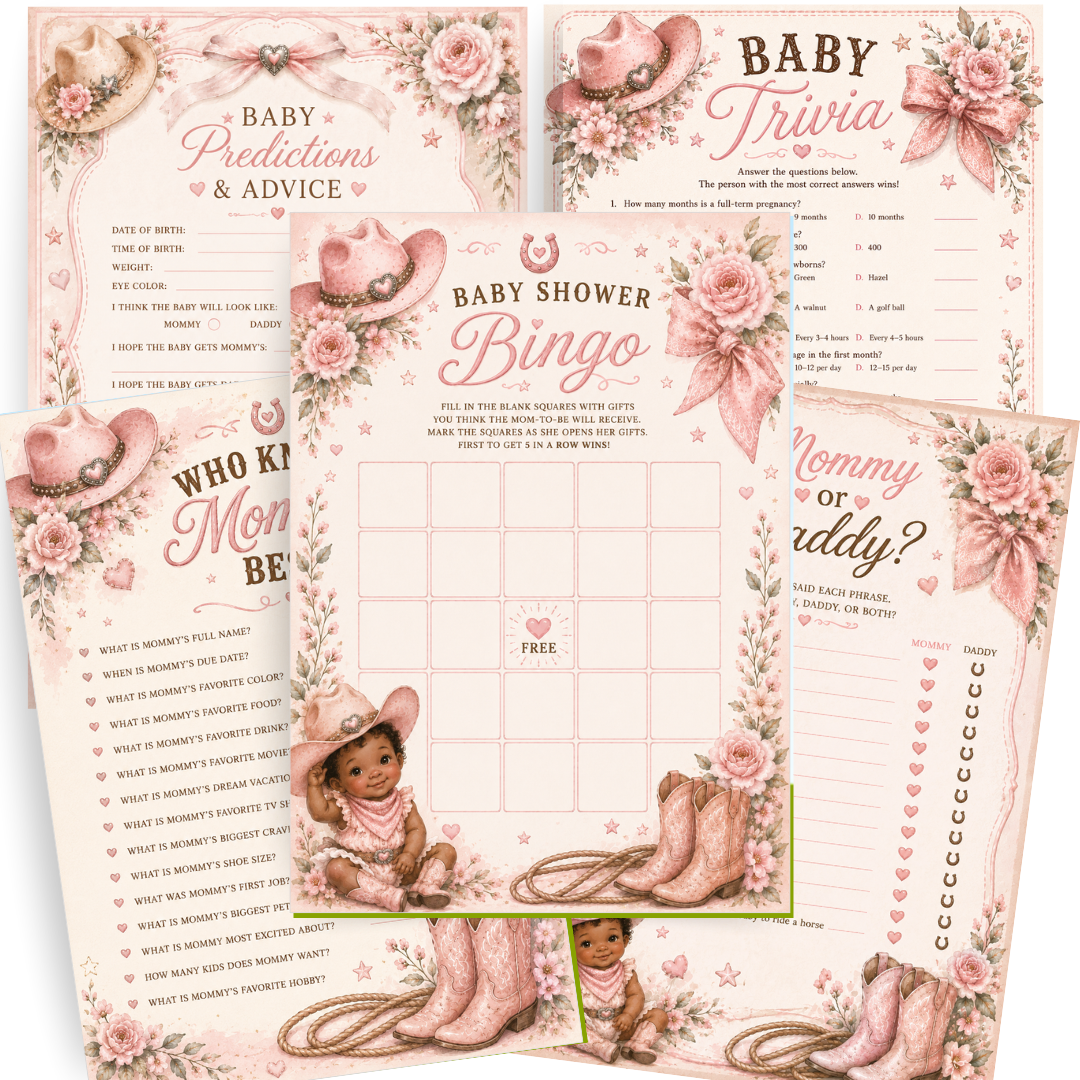 a set of 5 lil cowgirl themed baby shower game cards in 5x7 with pink african-american baby cowgirl