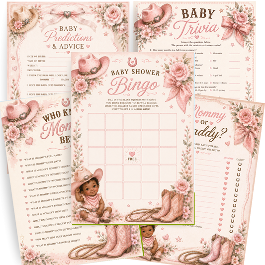 a set of 5 lil cowgirl themed baby shower game cards in 5x7 with pink african-american baby cowgirl