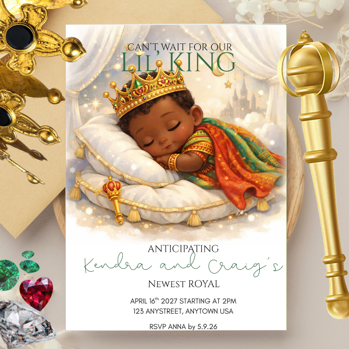 Lil’ King Baby Shower Invitation – African American Baby King Invite (Personalized 5x7 Printed Card)