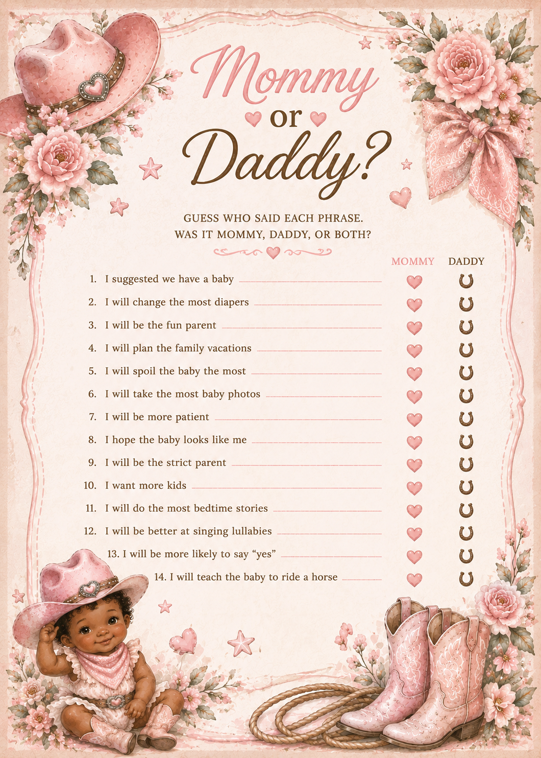 Lil Cowgirl Baby Shower Game - Traditional Shower Game