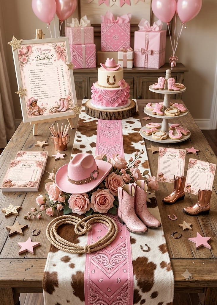 A styled Western-themed party setup on a wooden table with pink and brown cow-print table runners, a pink cowboy hat, pink boots, roses, horseshoes, star decorations, gift boxes, balloons, and a tiered dessert stand. A printed welcome sign is visible on the left.