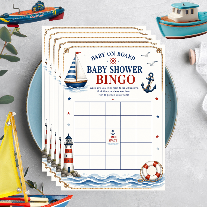 Nautical Baby Shower Bingo Game – 5x7 Baby Shower Bingo Cards, Nautical Theme, Made in USA (Set of 10)