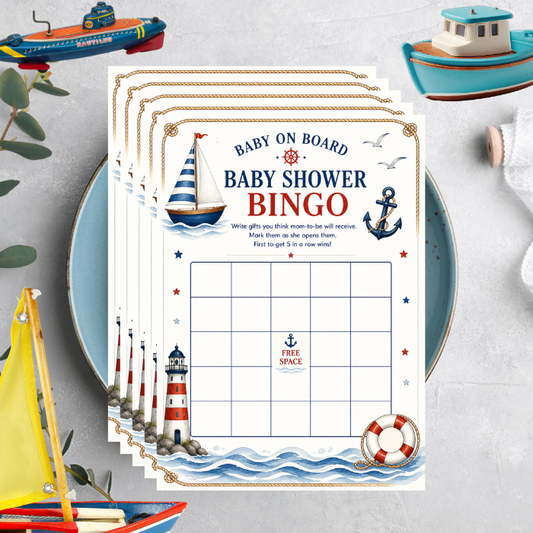Nautical Baby Shower Bingo Game – 5x7 Baby Shower Bingo Cards, Nautical Theme, Made in USA (Set of 10)