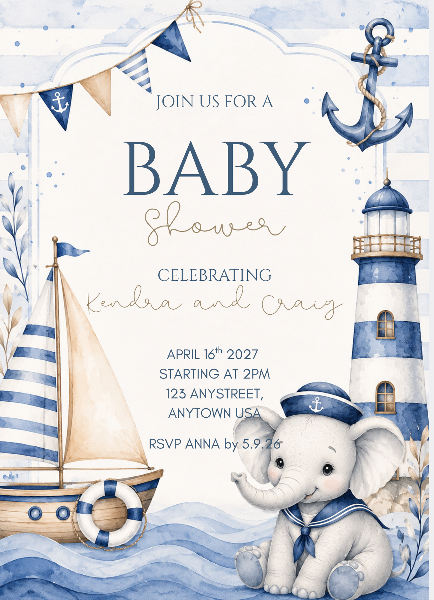 Personalized Nautical Baby Shower Invitations – Baby Elephant Sailboat & Lighthouse 5x7 Invitations Printed in USA