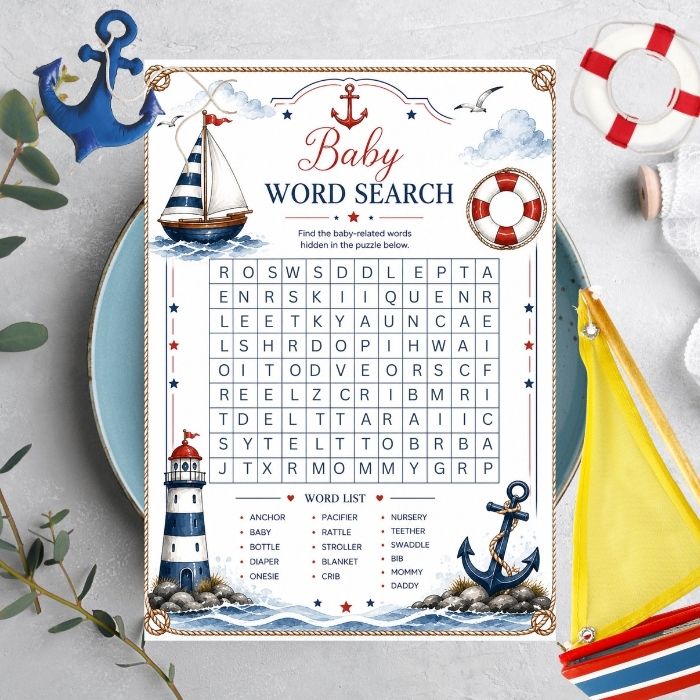 a nautical baby shower word search game on a white card with blue writing and red white and blue nautical images
