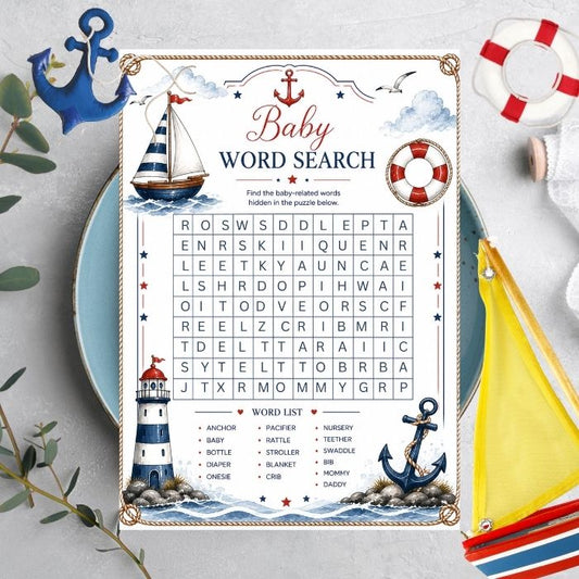a nautical baby shower word search game on a white card with blue writing and red white and blue nautical images
