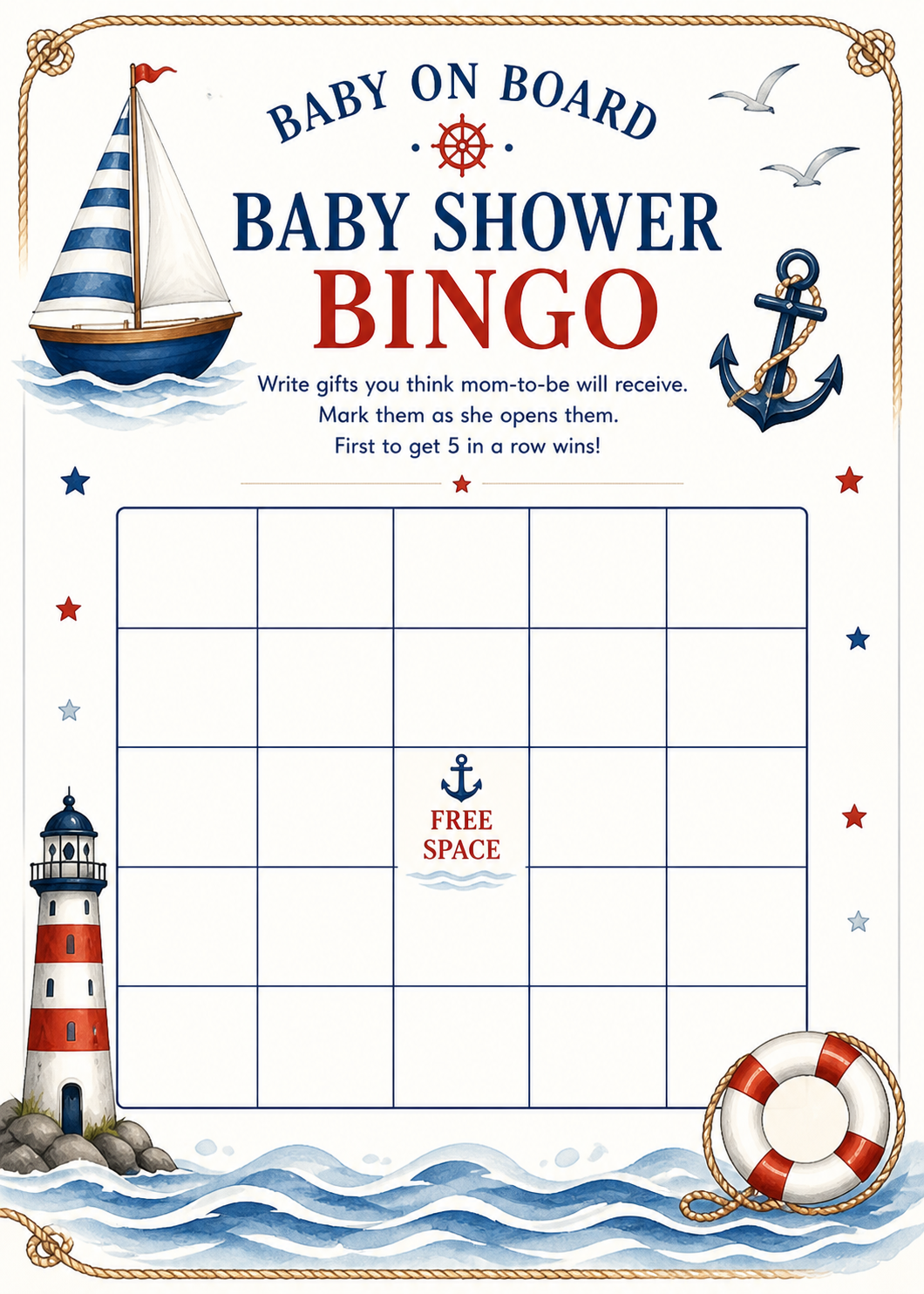 Nautical Baby Shower Bingo Game – 5x7 Baby Shower Bingo Cards, Nautical Theme, Made in USA (Set of 10)