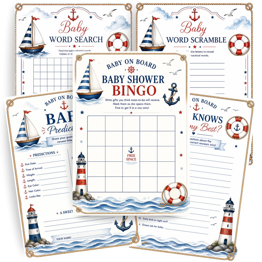 Nautical Baby Shower Game Bundle – 5 Printed Baby Shower Games | Personalized Coastal Theme Party Games Made in USA