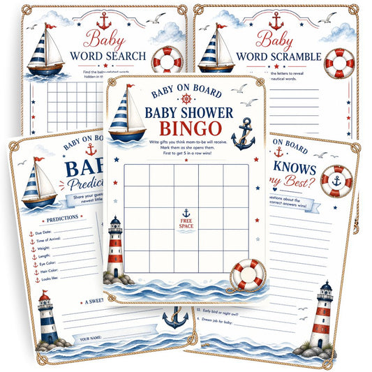 Nautical Baby Shower Game Bundle – 5 Printed Baby Shower Games | Personalized Coastal Theme Party Games Made in USA