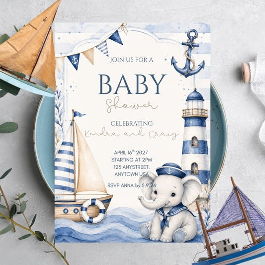 Personalized Nautical Baby Shower Invitations – Baby Elephant Sailboat & Lighthouse 5x7 Invitations Printed in USA