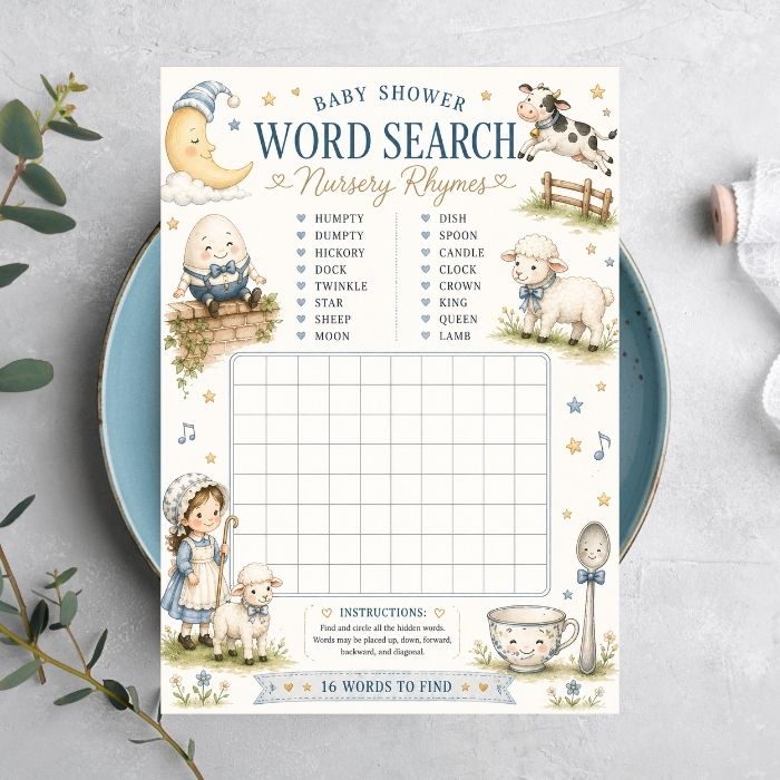 Baby shower word search game with nursery rhyme theme on a white surface.