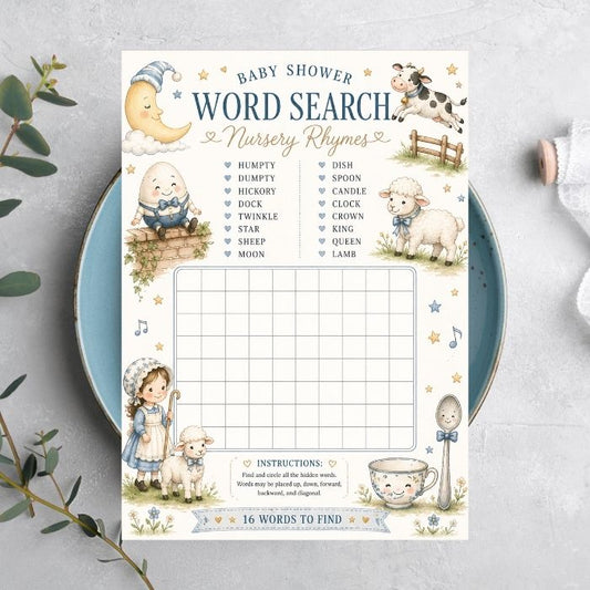 Baby shower word search game with nursery rhyme theme on a white surface.