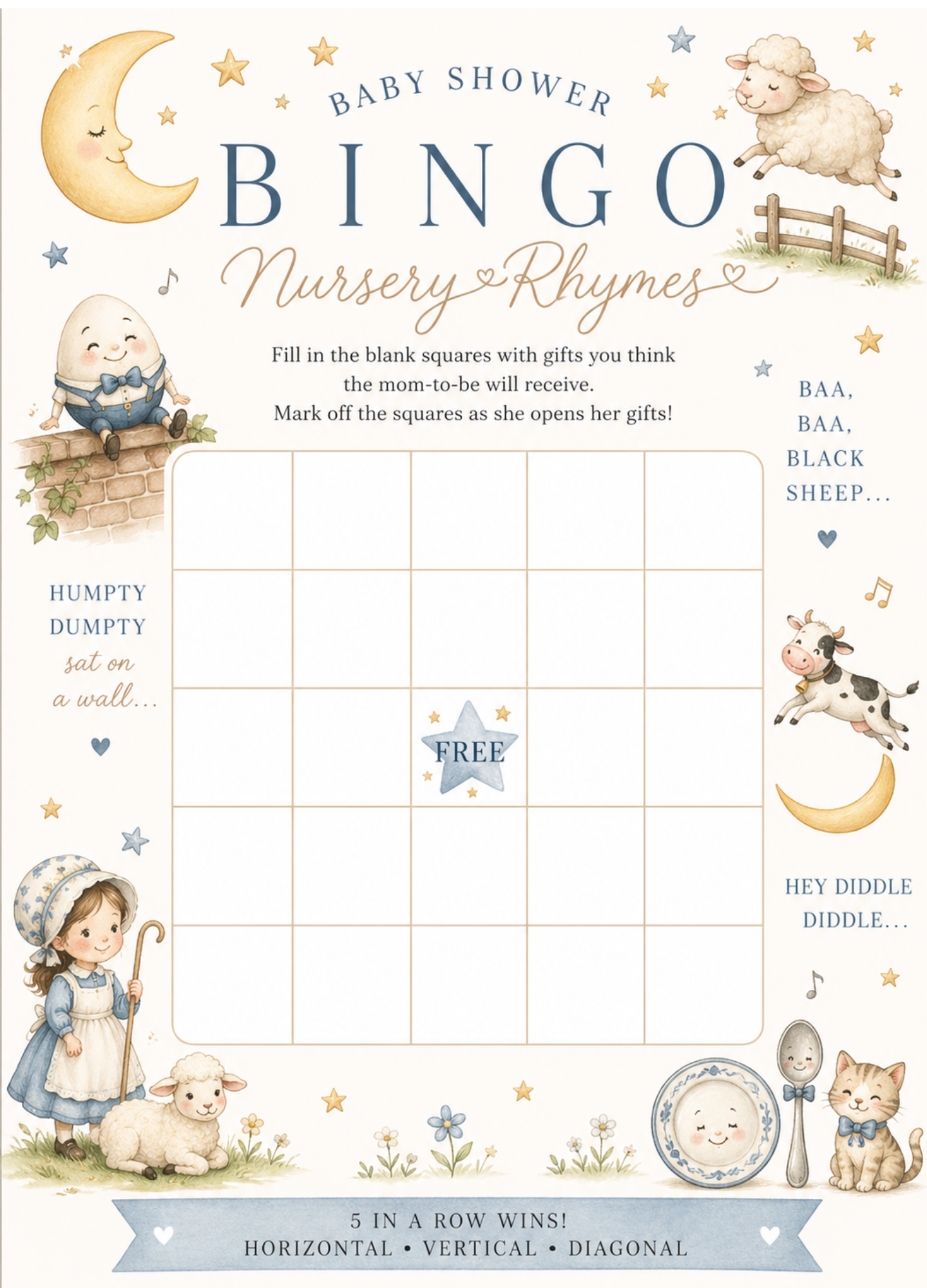 Nursery Rhymes Baby Shower Game Bundle - Set of 5 Games