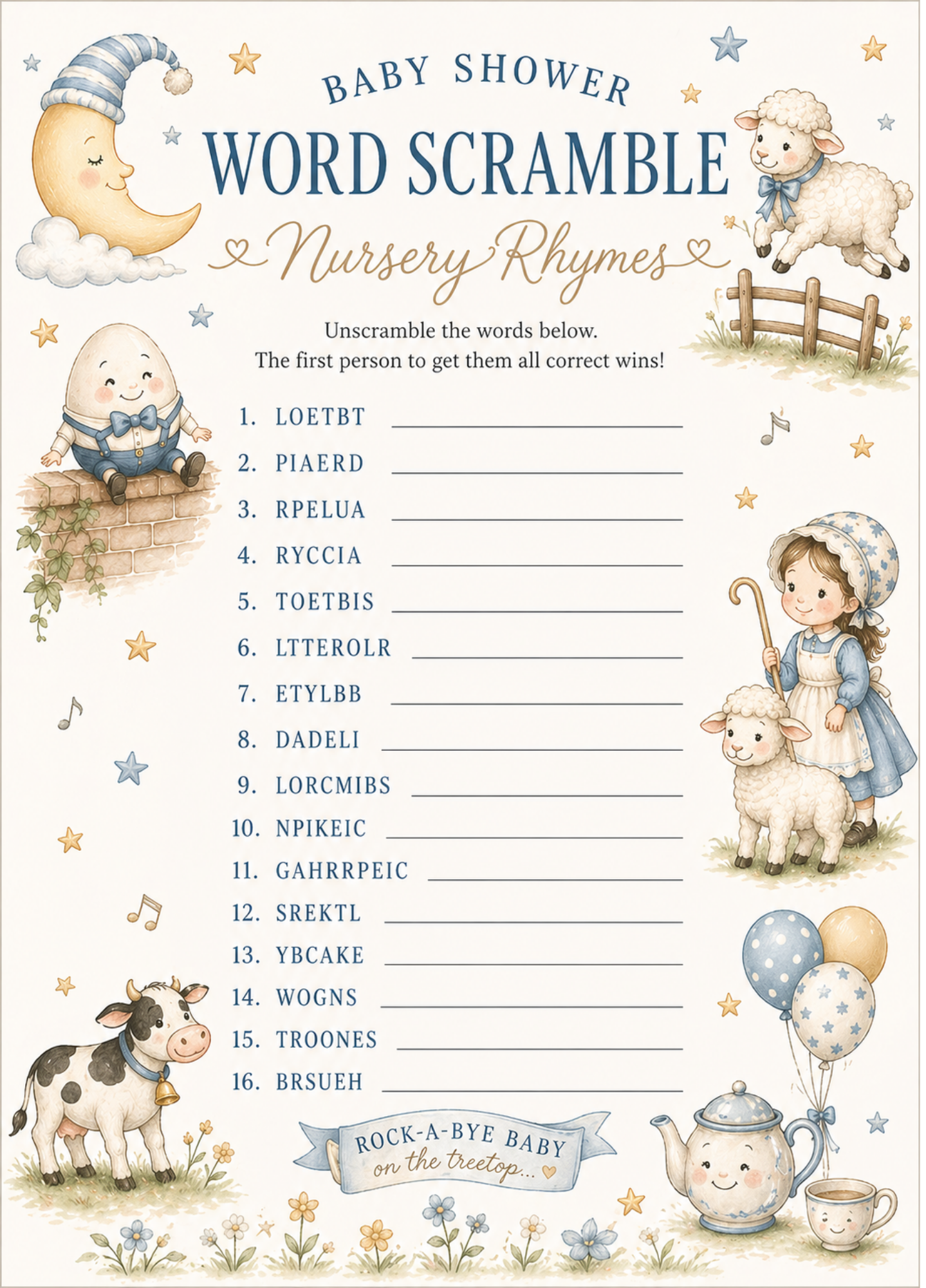 Nursery Rhymes Baby Shower Game Bundle - Set of 5 Games