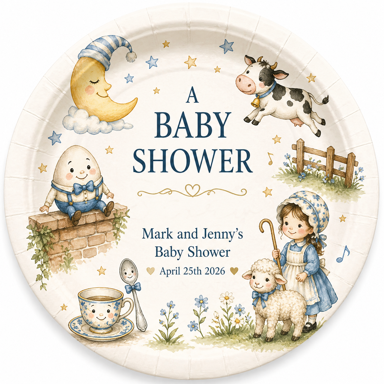 Personalized Nursery Rhyme Baby Shower Plates – 9" Custom Paper Party Plates, Classic Nursery Rhyme Theme (Set of 8)