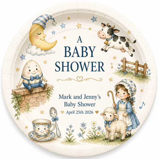 Personalized Nursery Rhyme Baby Shower Plates – 9" Custom Paper Party Plates, Classic Nursery Rhyme Theme (Set of 8)