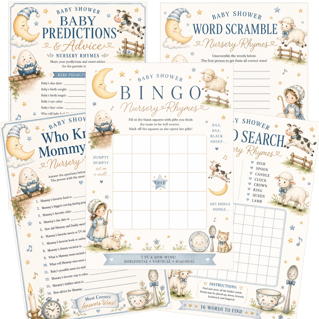 Nursery Rhymes Baby Shower Game Bundle - Set of 5 Games