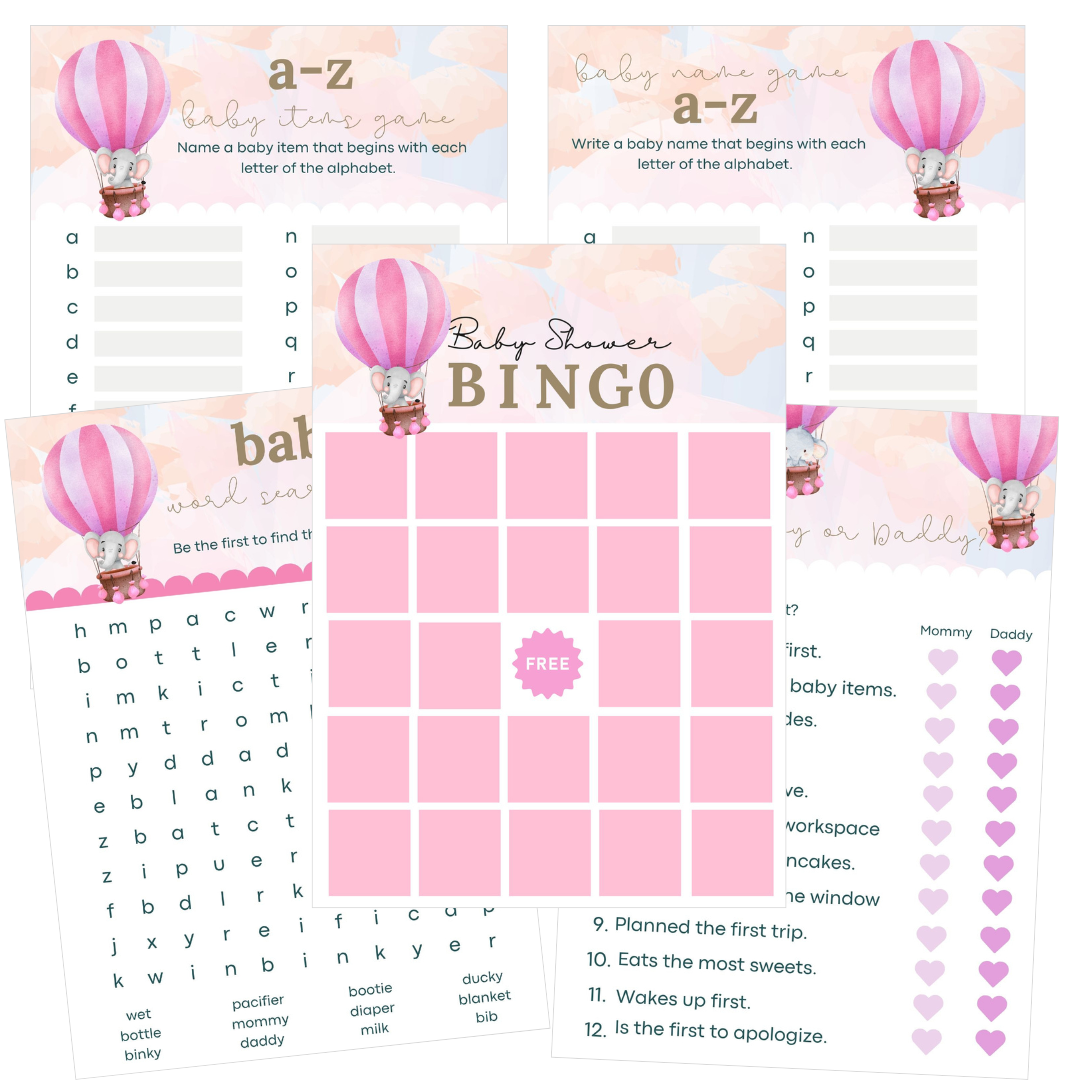Baby shower bingo game with pink hot air balloon design on a white background