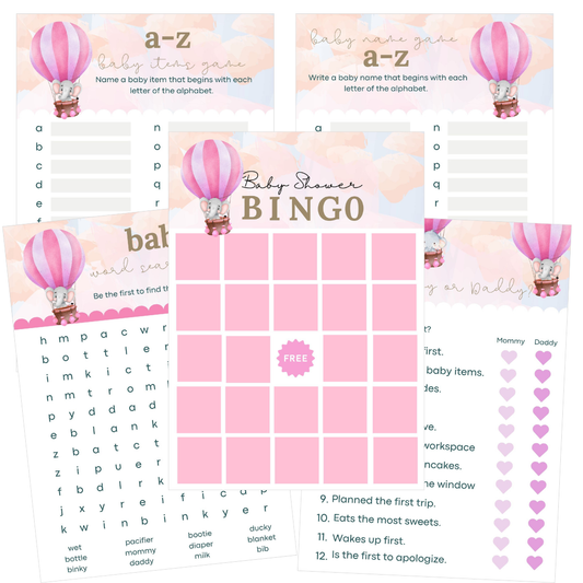 Baby shower bingo game with pink hot air balloon design on a white background