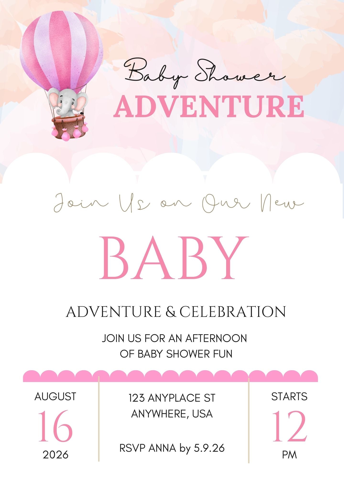 Pink Balloon Adventures Baby Shower Invitation – 5x7 Printed Elephant Hot Air Balloon Invite