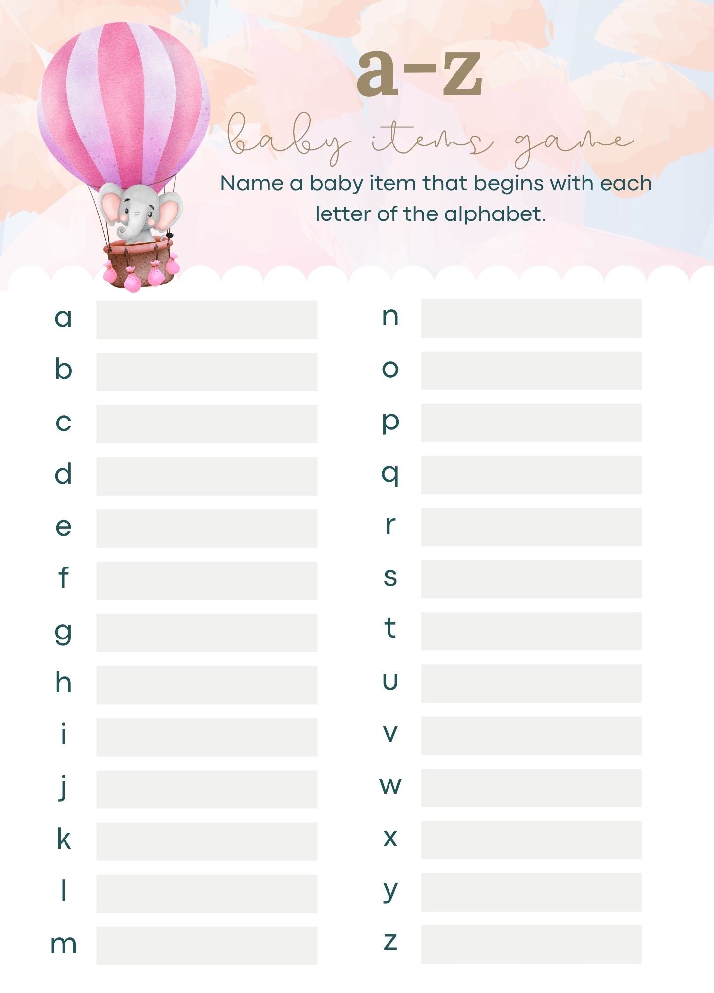 Pink Balloon Adventures Baby Names A-Z Game – 5x7 Printed Baby Shower Name Race Cards