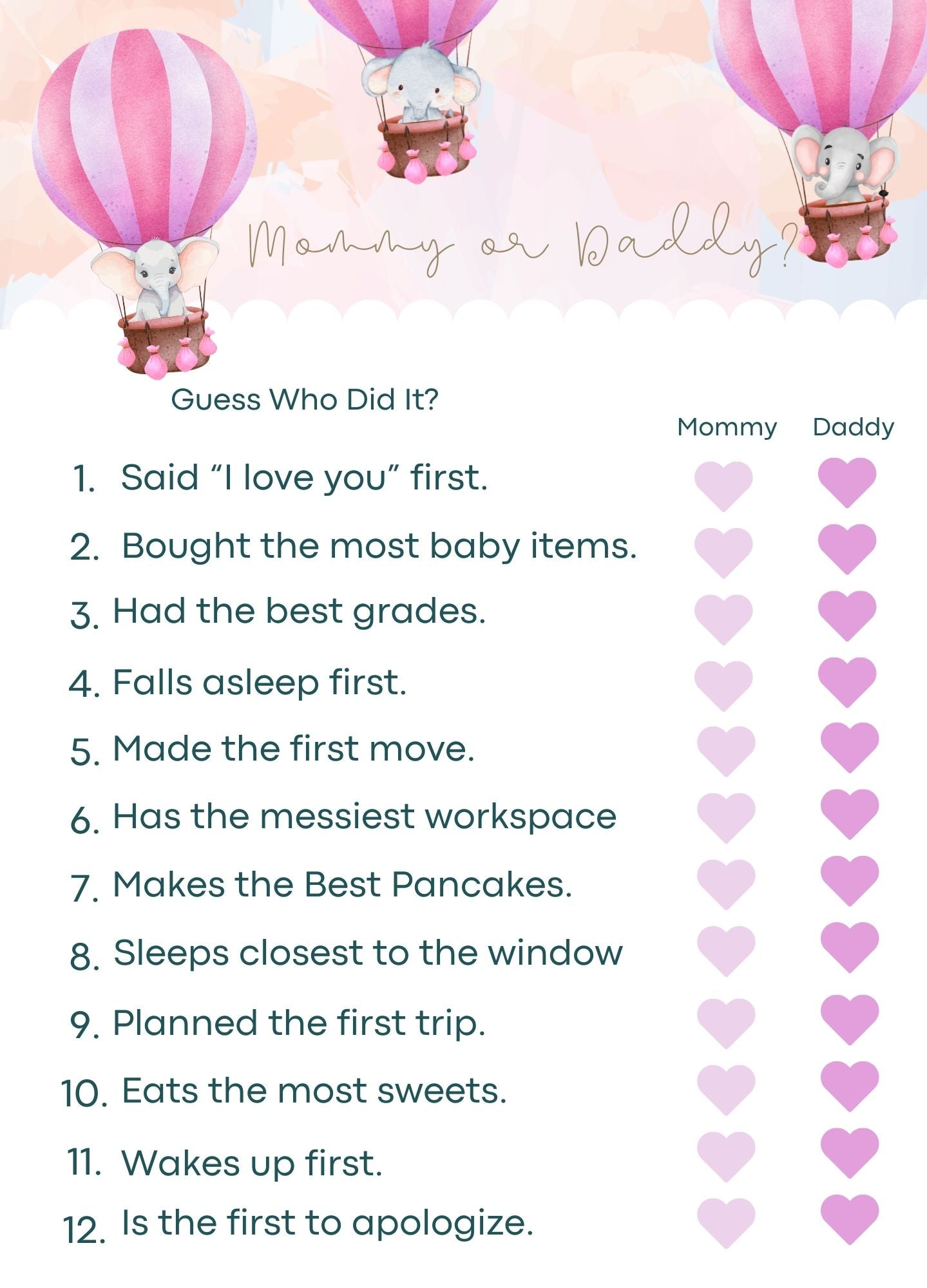 Pink and white Baby shower game card titled 'Mommy or Daddy?' with heart illustrations and hot air balloons.