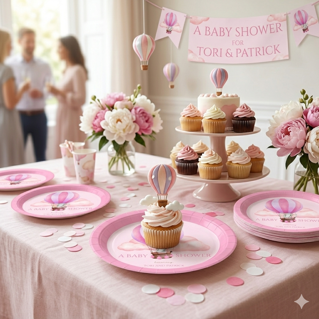 Baby Shower Adventure Balloon Theme Personalized Baby Shower Plates – Hot Air Balloon Baby Animals Party Plates, 7" or 9", Set of 8 (4 Colors)