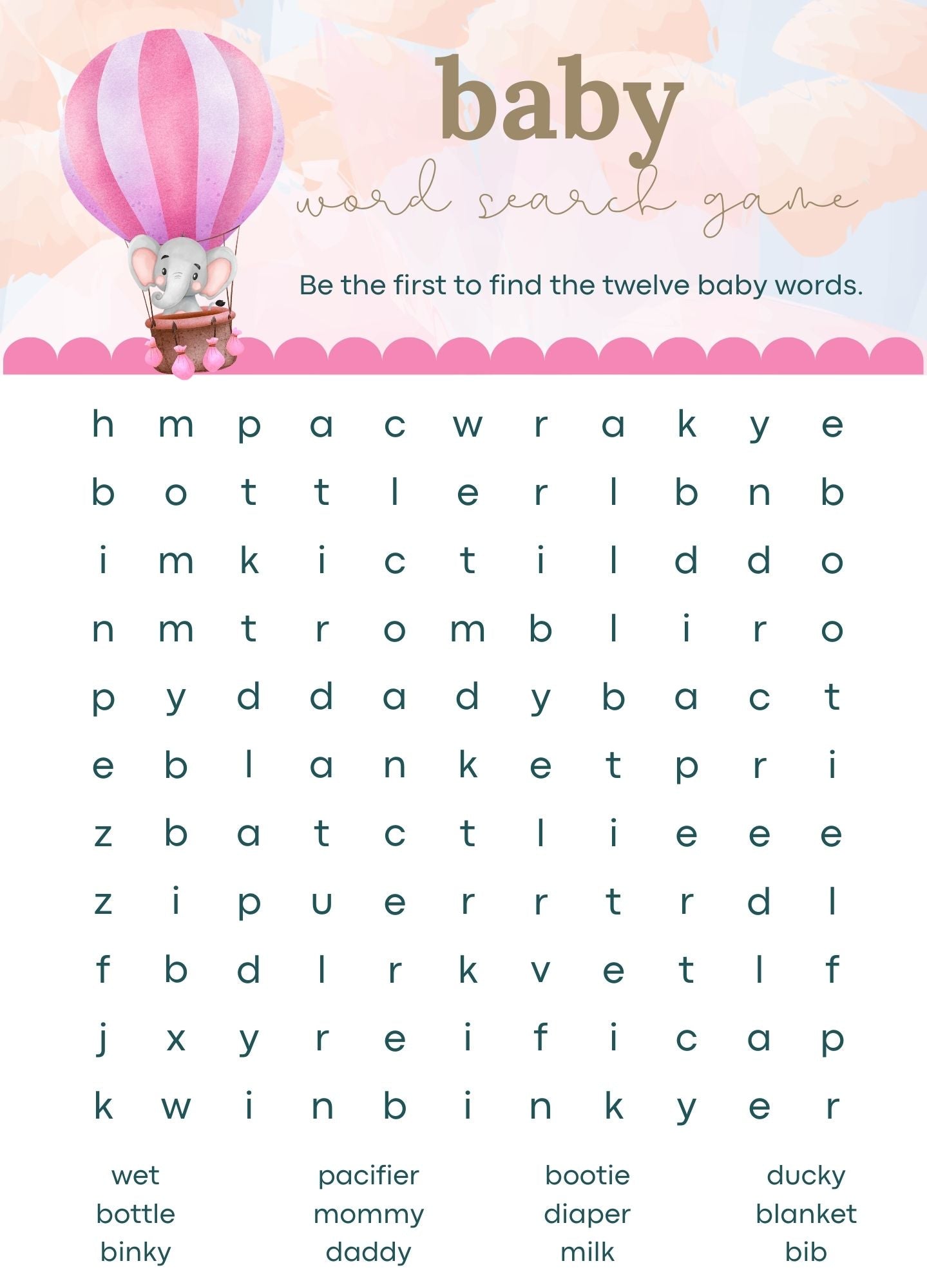 Pink Balloon Adventures Baby Shower Word Search Game – 5x7 Printed Baby Shower Activity Cards