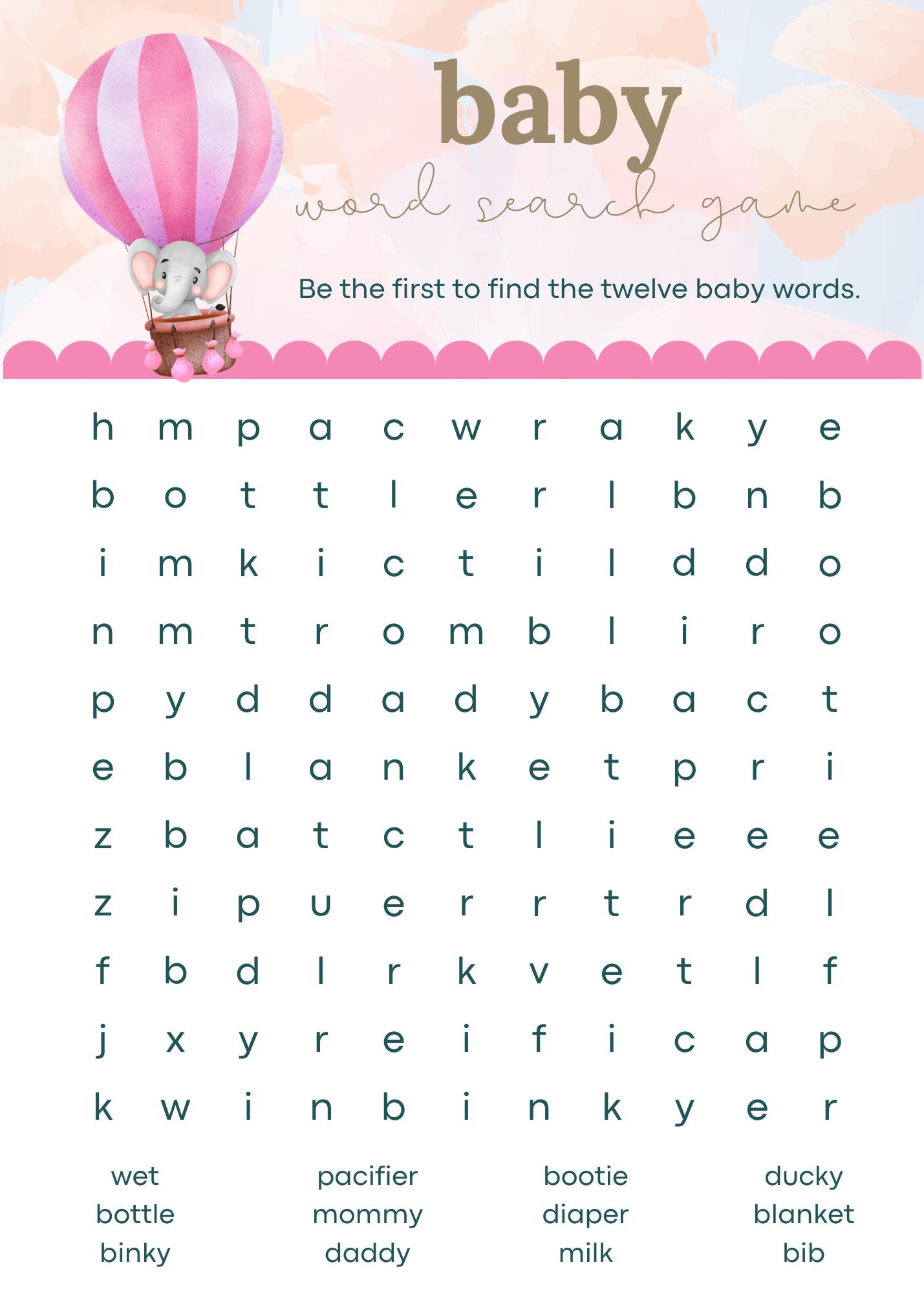 Pink Balloon Baby Shower Word Search Game
