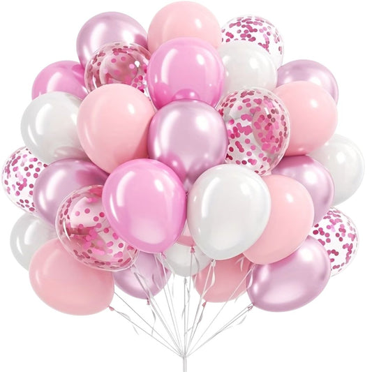 Bouquet of pink, white, and clear balloons with confetti patterns on a white background