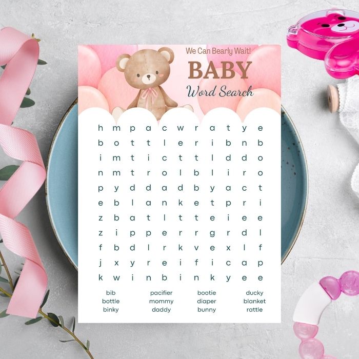 pink bear baby shower word search game