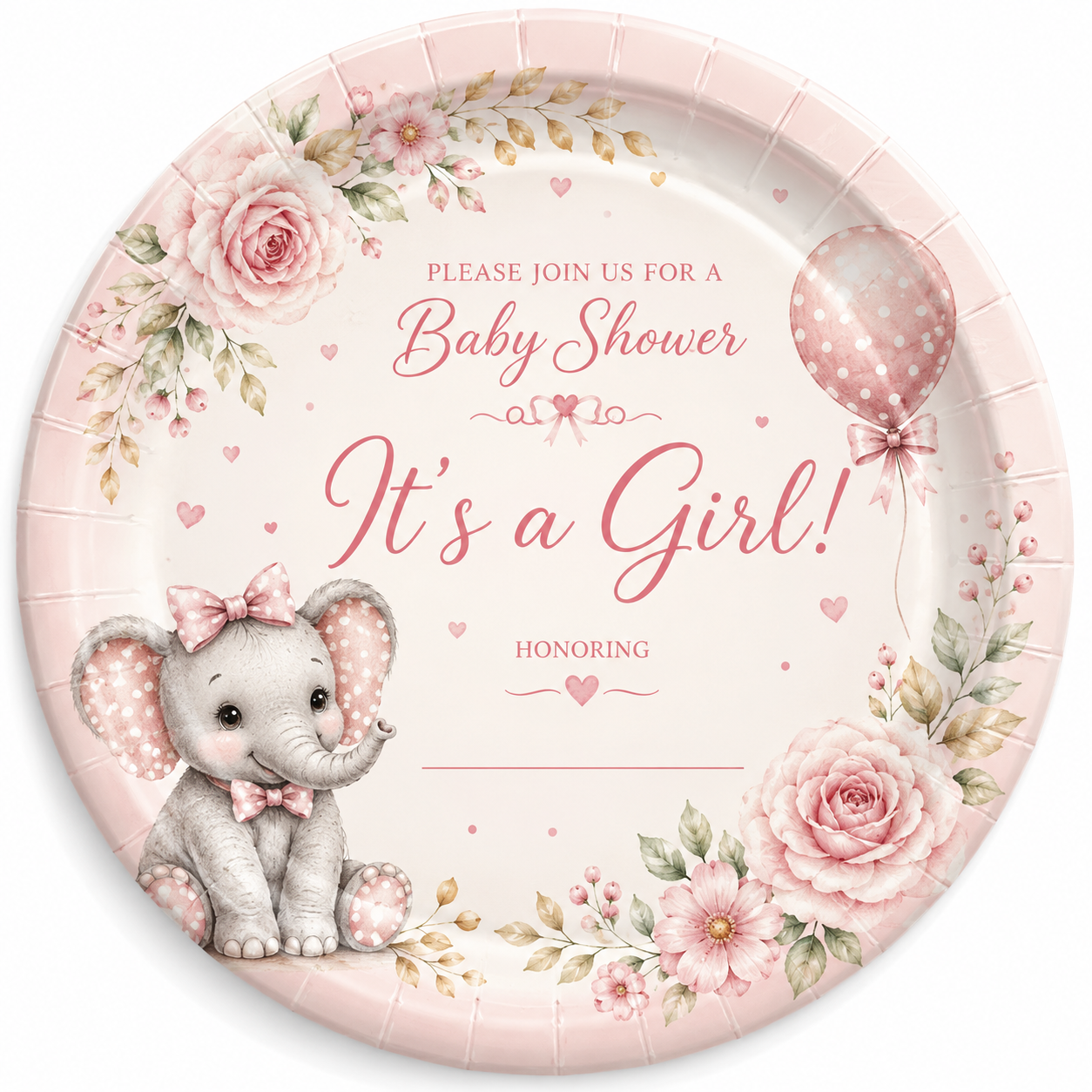 Personalized Pink Baby Elephant Baby Shower Plates – Custom Elephant Party Plates with Pink Florals & Balloons, 7" or 9"