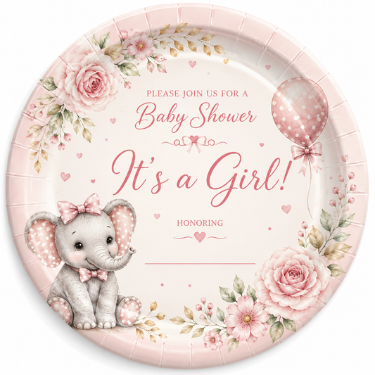 Personalized Pink Baby Elephant Baby Shower Plates – Custom Elephant Party Plates with Pink Florals & Balloons, 7" or 9"