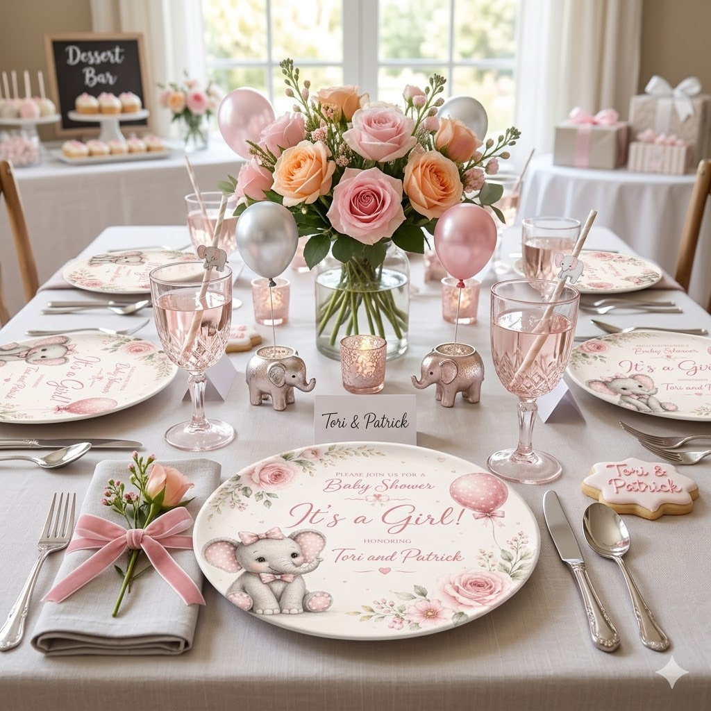 Decorated table for a baby shower with floral centerpieces, plates, and balloons. Featuring pink elephat and florals
