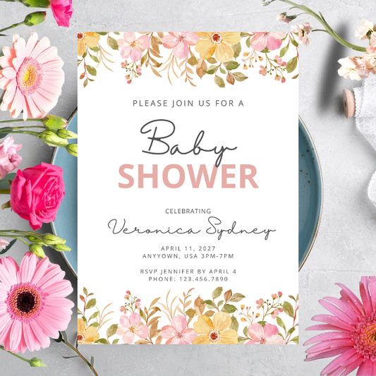 Pink Wildflower Baby Shower Invitations – Personalized Floral Baby Shower Invite (Printed 5x7 Cardstock)